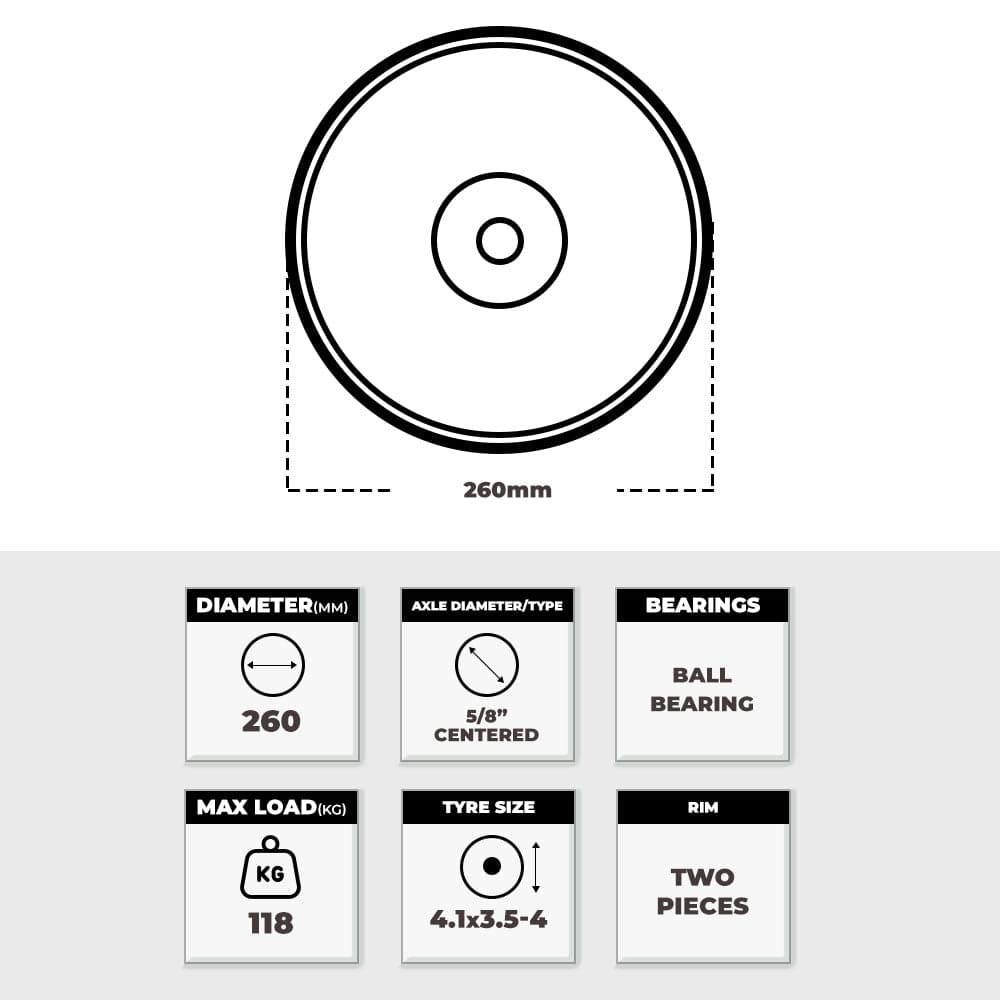 Grip Grip 52104 260mm 118kg 5/8" Offset Rubber Two Piece Steel Core Pneumatic Wheel